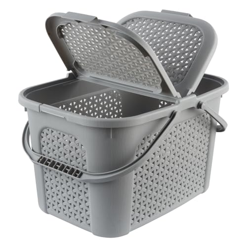 keeeper Picknick-Korb mit Deckel, Rattanoptik, Für Picknick, Camping und mehr, 35 x 46 x 28,5 cm, Inka, Grau (Nordic Grey)