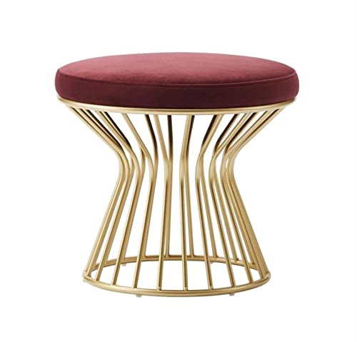 Image of Round Velvet Ottoman Seatting Stool Foot Rest Vanity Dressing Stool with Gold Metal Legs Modern Upholstered Footstool for Living Room Bedroom Home and Office Red