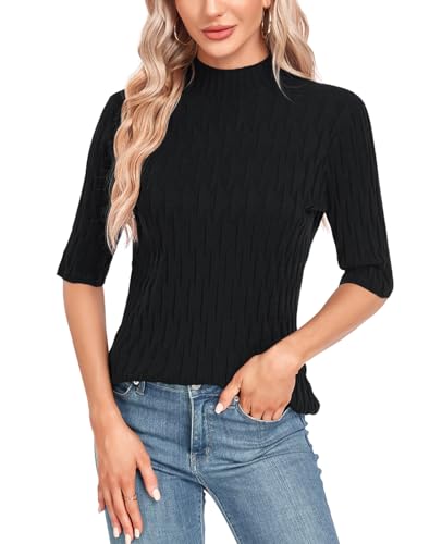 Image of MINTLIMIT Womens Turtleneck Sweaters Short Sleeve 2024 Fall Winter Casual Texture Shirt Blouse Knit Pullover Sweater