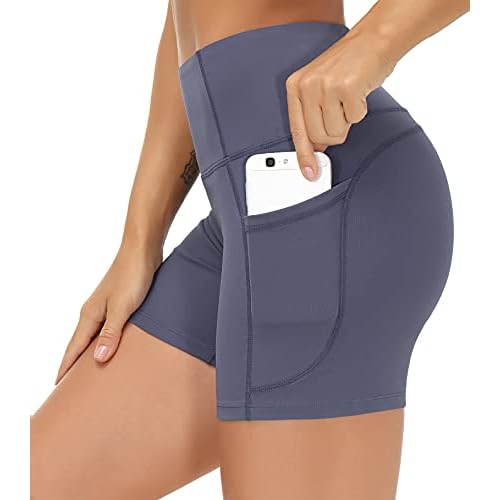 THE GYM PEOPLE High Waist Yoga Shorts for Women's Tummy Control Fitness Athletic Workout Running Shorts with Deep Pockets Medium Ink Blue