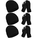SATINIOR 6 Pieces Women Knit Beanie Hats Touchscreen Gloves Set for Winter Cute Hats Soft Skull Cap Gifts for Christmas(Black,Simple Style)