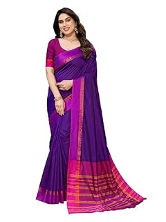 VJ Fashion Women's Striped Pattern Cotton Linen Blend Saree with Plain Weave Type and Unstitched Blouse Piece