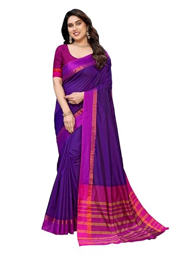VJ Fashion Women's Striped Pattern Cotton Linen Blend Saree with Plain Weave Type and Unstitched Blouse Piece