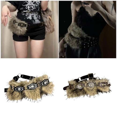 90s Western Type Waistband Punk Studded Faux Leather Furry Belt for Women Lady Adjustable Stylish Waist Accessory2