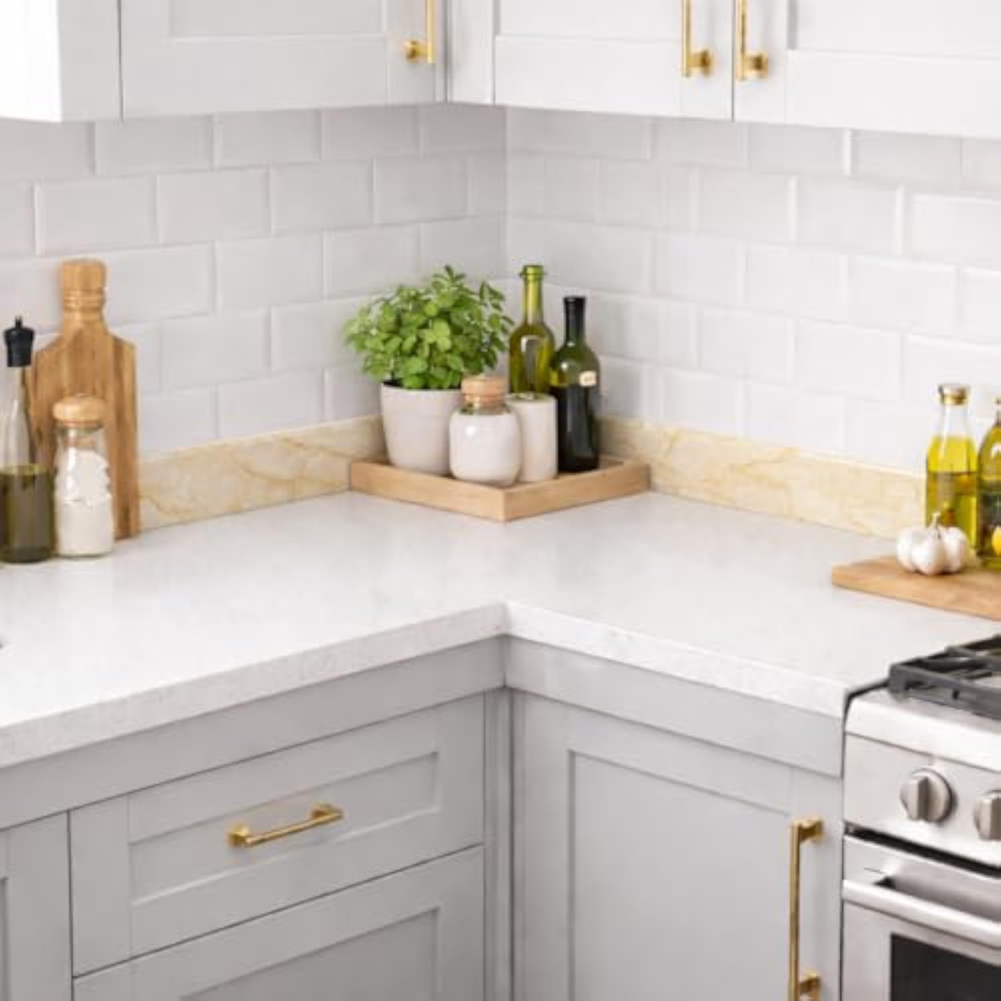 Cream Glossy Marble Peel & Stick Border Wallpaper, Waterproof