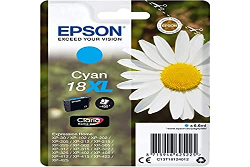 Epson 18XL Pâquerette Cyan, Cartouche d'encre d'origine XL Haute capacité, XP-30 XP-102 XP-202 XP-205 XP-212 XP-215 XP-225 XP-302 XP-305 XP-312 XP-315 XP-322 XP-325 XP-405 XP-412 XP-415 XP-422 XP-425