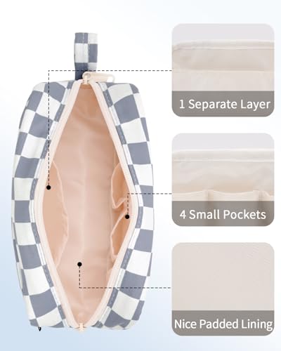 Image of Narwey Small Checkered Makeup Bag for Purse Travel Makeup Pouch Mini Cosmetic Bag Zipper Pouch for Women (Grayish Blue Checkerboard, Small)