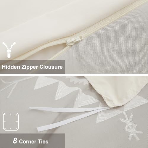 Image of Oli Anderson Boho Duvet Cover Set Queen Size, Light Gray and Ivory Color Clash 3 PCS Microfiber Bedding Set, Durable and Super Soft Duvet Covers with Zipper and Ties, 90 inch*90 inch