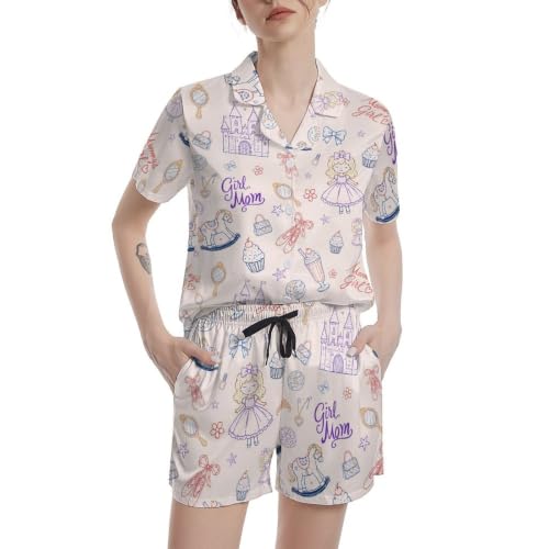 Image of Funny Pajamas for Women Set Print Satin Loungewear Pjs Short Sleeve Button Down Top and Shorts Sets Sleepwear XS-3XL