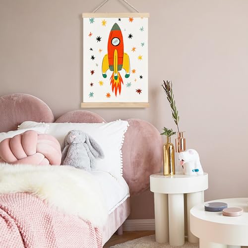 Image of PQKIY Retro Rocket Ship Space Nursery Wall Art Poster Hanger Frame 12x16 in, Mid Century Modern Spaceship Adventure Wall Decor Canvas Prints for Nursery Toddler Boys Kids Room Bedroom Playroom