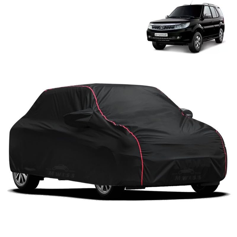 Image of Waterproof Car Cover for Tata Safari Storme | All-Weather Protection, Dustproof & UV Resistant | Triple Stitched Mirror Pockets, Windproof Buckle Strap with Elastic Hem, Black-Red Piping