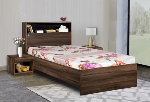 Image of DELITE KOM | 1 Year Warranty | Single Bed, Urban Engineered Wood Bed Without Box Storage & with Headboard Shelf Storage, Wooden Bed (83x37 Inches) | Installation Included | Color - Acacia Dark