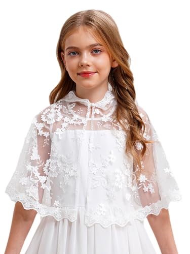 renvena Girls Floral Lace Wedding Bolero One Button Mesh See-Through Hooded Cape for Flower Girl Kids3