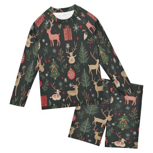 Xmas Reindeer Tree Boys Swimsuit Rash Guard Toddler Kids Long Sleeve Swim Shirt and Trunks Swimwear Set 3-10Y