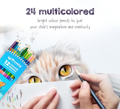 Image of Dual Colour Pencils - 12 Pencils | 24 Shades with Sharpener | Long Wooden Colouring Pencils for Kids & Adults