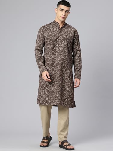 Image of Majestic Man Men's Regular Fit Ethnic Motifs Printed Pure Cotton Long Kurta with Mandarin Collar & Full Sleeves