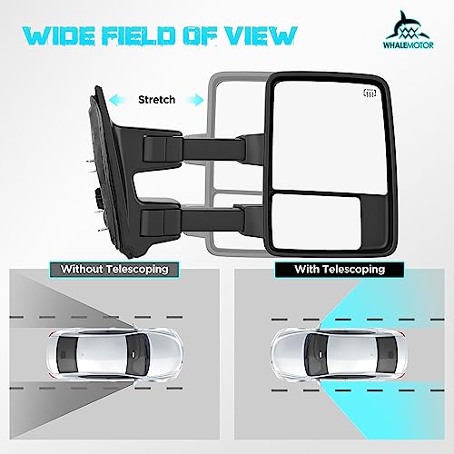 Image of WHALEMOTOR Smoked Power Heated Tow Mirrors Compatible with Ford Super Duty(2008-2016), Extended Trailer Towing Side Mirrors w /Turn Signal fits F250 F350 F450 F550 F-250 F-350 F-450 F-550