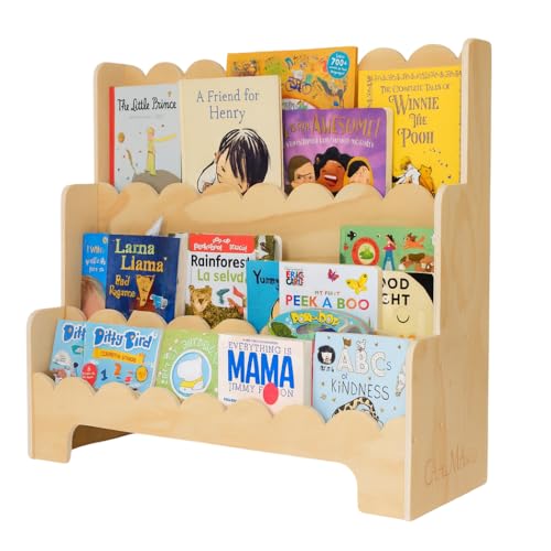 Image of CAALMA Premium Scalloped Bookshelf for Nursery & Kids Bedroom - 29.5x27.5 in - 3-Tier Wooden Montessori Bookshelf - Kids Bookcase for Nursery, Playroom or Classroom, Minimalist Toddler Book Shelf