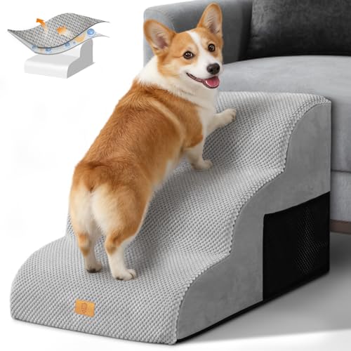 Thihome Hundetreppe für Kleine Hunde 3-Stufig, rutschfeste Haustiertreppe 40cm Hoch, Tragbar Hunderampe für Bett und Sofa, Treppe für Hunde mit Waschbarem Bezug und Rutschfestem Boden, Grau