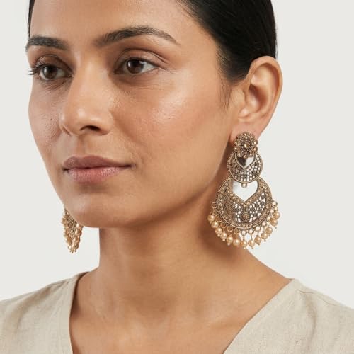 Image of Traditional Chandbali Earrings, Antique Gold and Oxidised Silver, Floral Stud, Pearl Drops, Ethnic Indian Jewellery