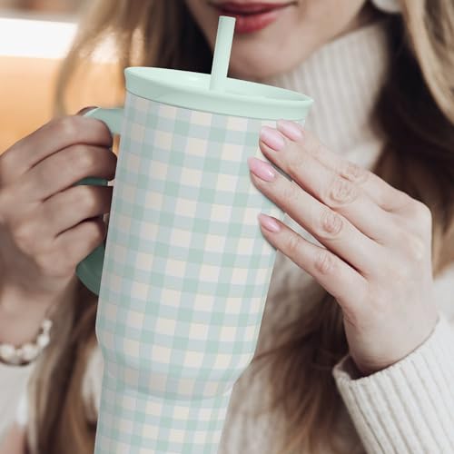 Image of SANDJEST Mint Gingham 40oz Slider Tumbler with Handle and Straw - Insulated Stainless Steel Travel Coffee Mug for Women Girls, Gift for Birthday, Christmas