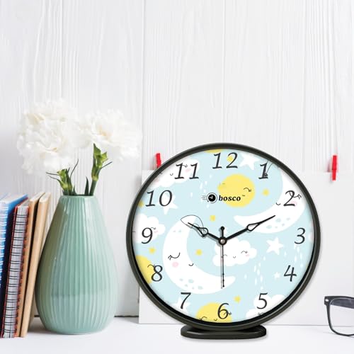Image of Bosco Modern and Decorative Non Ticking Silent, Sky Blue dial with Black Frame 20 CM Table Cum Round Wall Clock for Home, Living Room, Bedroom, Office and Kitchen I BWC-1205