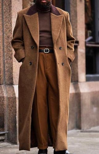 Image of Man's Double Breasted Full Length Trench Coat Casual Notch Lapel Long Jacket Peacoat Wool Blend Winter