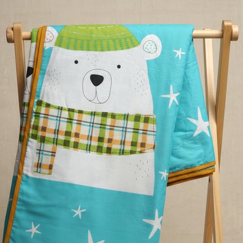 Image of LORETO - A QUALITY LINEN BRAND 100% Cambric Cotton Single Dohar 58 x 88 Inches, 3-Layer Lightweight AC Blanket with Soft Cotton Flannel Filling, Breathable Summer Quilt, Reversible, Teal Cozy Bear