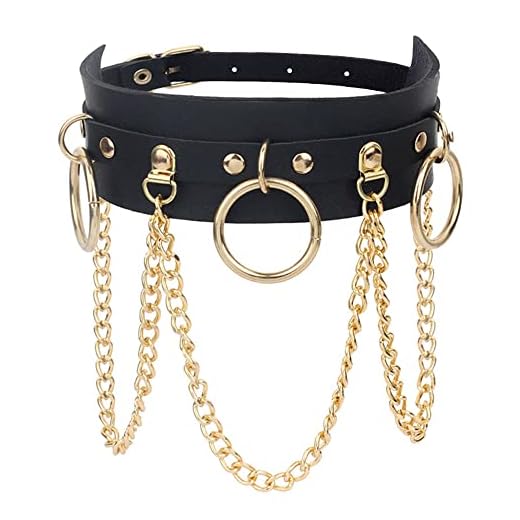 Yijunmca PU Leder Halskette O-Ring Damen Choker Punk Style Leather Halsband Nieten Collar Cosplayer Halsreif Verstellbarer Kragen Kette für Frauen Halloween Party Zubehör, Gold