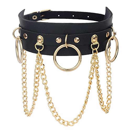 Yijunmca PU Leder Halskette O-Ring Damen Choker Punk Style Leather Halsband Nieten Collar Cosplayer Halsreif Verstellbarer Kragen Kette für Frauen Halloween Party Zubehör, Gold