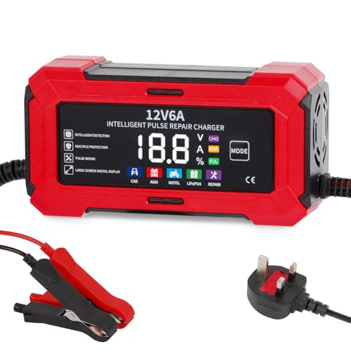 PopuLike 12V 6A Smart Car Battery Charger, Portable Trickle Charger and Maintainer with Full Protection & Fan Cooling Design for Automotive, Motorcycle, Motorbike, AGM, LiFePO4, Start-Stop Batteries