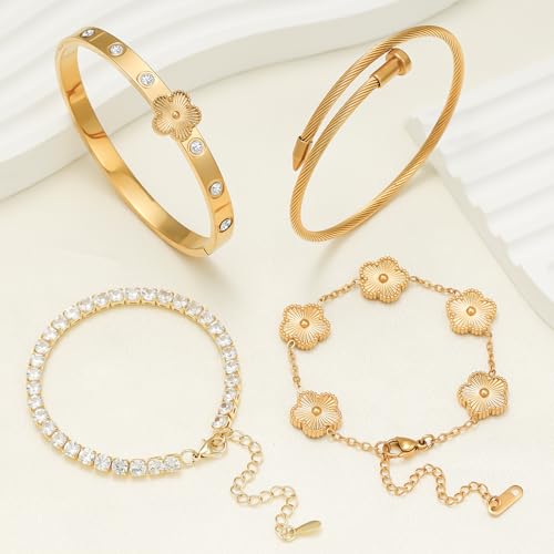 Gold Plated Bracelet Set, 4-Piece Floral Tennis Bracelet Collection with Crystal Rhinestones, Twisted Cable Bangle, Adjustable, 7.5 Inches2
