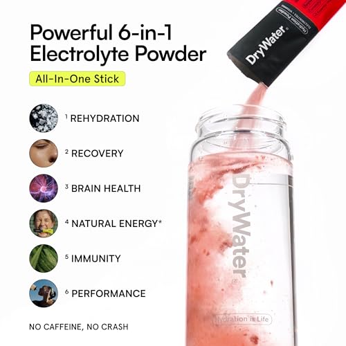 Image of DryWater Electrolyte + Vitamin Hydration Powder Packets, Raspberry Lemon (Stevia-Free), 1,000mg Potassium, Real Organic Fruit, NSF Certified Sport, Nothing Artificial, No Added Sugar (12 Stick Packs)