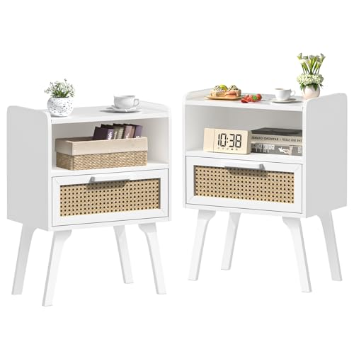 Image of Lerliuo Rattan Nightstands Set of 2, Bedside Table with Drawer Open Shelf | Cane Accent Side End Table with Solid Wood Legs, White Mid Century Night Stand for Bedroom, Dorm and Small Spaces