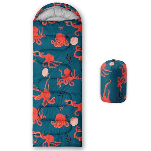 Axolotl Red Octopus Camping Sleeping Bags,Pink Shell Ocean Animal Theme Sleeping Bag 3 Season Waterproof Sleeping Bag For Adults Kids Girls,Lightweight Sleeping Bags For Hiking Outerdoors Camping,Pink