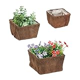 relaxdays set di 3 vasi da fiori quadrati in fibra di cocco, 3 misure, giardino, balcone e davanzale, vaso con pellicola, naturale