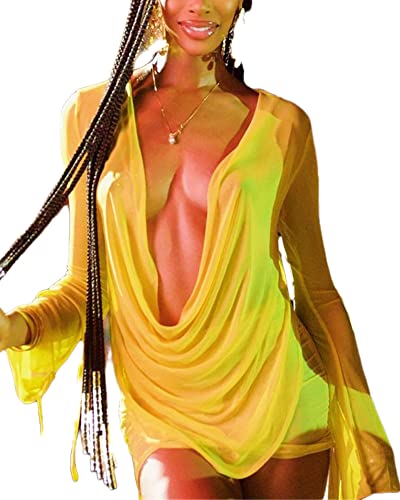 Image of Women's Sexy Long Sleeve Two 2 Pieces Outfits Sheer Mesh Mini Dress Skirt Set Top V Neck Backless Ruched Bodycon Cover Up