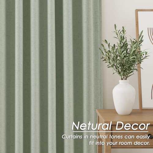 Image of Nanspring Mist Sage 100% Blackout Linen Curtains for Bedroom 84 Inch Length 2 Panels Set Back Tab Thermal Insulated Boho Black Out Curtain for Living Room Cortinas Blackout para Dormitorio 52x84