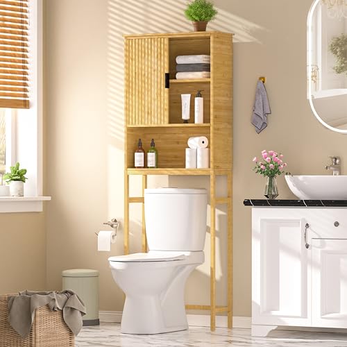 Yardenaler Over The Toilet Storage Cabinet with Fluted Doors Bathroom Over Toilet Rack with Adjustable Shelf Bamboo FreeStanding Space-Saving Storage Organizer Natural