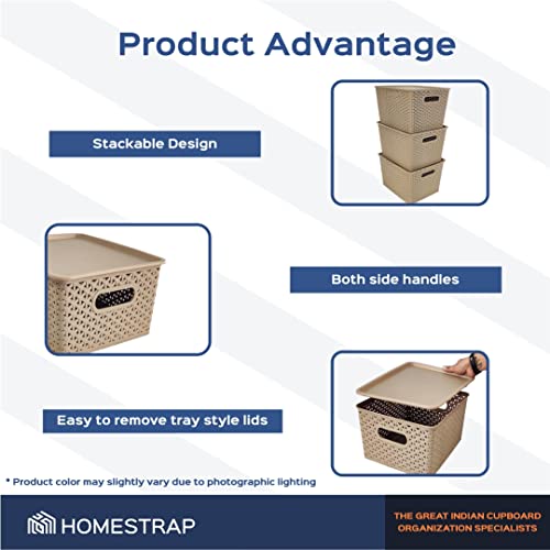 Image of Homestrap Set Of 3 Plastic Storage Organizers /Baskets With Lid For Kitchen, Clothes, Multipurpose Vegetables, Toys, Books, Office, Stationery, Wardrobe(Large| Biscuit, Rectangular)