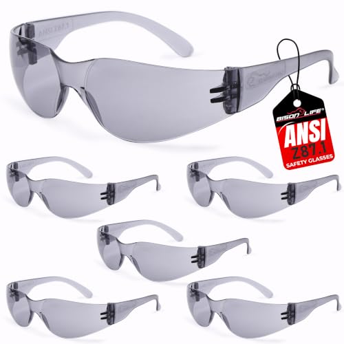 Image of BISON LIFE Gray Safety Glasses for Men & Women, ANSI Z87.1, 6 Pack