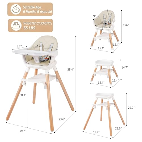 Image of 6 in 1 Baby High Chair, Convertible Wooden High Chairs, Beige | Booster Seat for Babies and Toddlers, Baby Feeding Chair with 5-Point Harness, Double Removable Tray & Adjustable Footrest