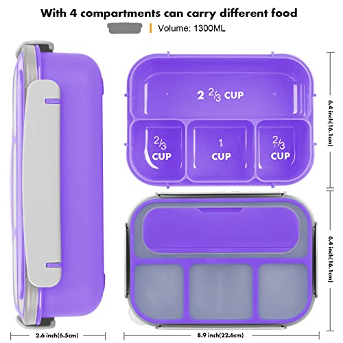 Bento Box, Lunch Box Kids, 1300ML with 4 Compartment&Food Picks Cake Cups, Containers for Adults/Kids/Toddler, Leak-Proof, Microwave/Dishwasher/Freezer Safe(Purple)
