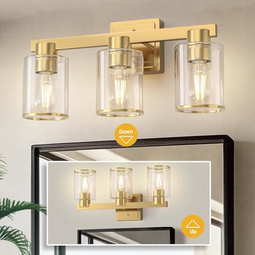 Image of L LOHAS LED Gold Bathroom Vanity Light Over Mirror, 3 Lights Bathroom Light Fixture with Clear Glass Shade, Modern Vanity Light for Living Room Hallway Cabinet Bedroom