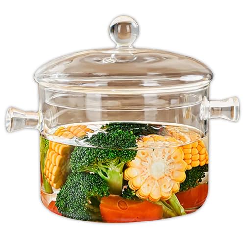 Pentole in Vetro Per Cucinare Sul Fornello Pentola in Vetro 1,9 L/64 Oz Pentola in Vetro Resistente Al Calore Per Cottura a Fuoco Lento Pentola in Vetro Ad Alto Borosilicato Con Coperchio E Manici,