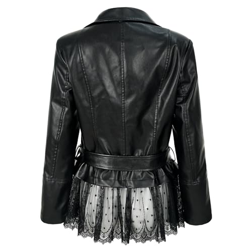 Women's faux leather lace moto jacket with Peplum rose vintage riding coat3