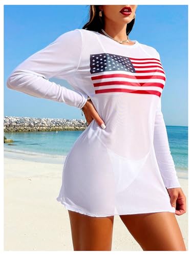 GORGLITTER Women's American Flag Long Sleeve T-Shirt Mesh Round Neck Cover Up Dress Beachwear3