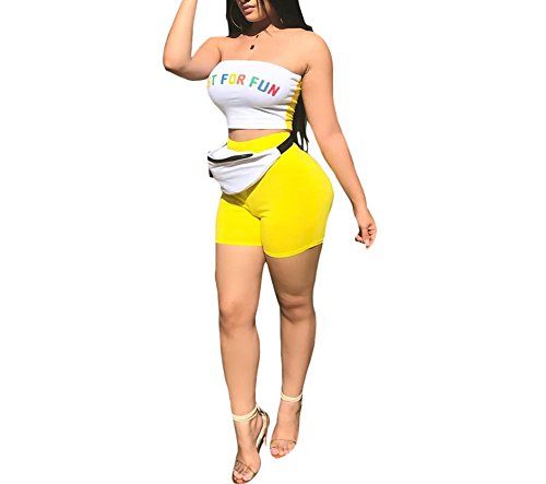 JUNBOON Women's Sexy Patchwork 2 Piece Outfit Letter Print Off Shoulder Crop Top Shorts Set Tracksuits Jumpsuits