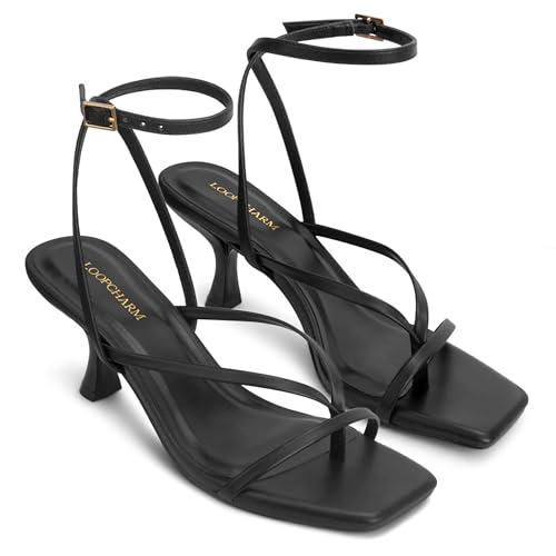 Image of Women's Kitten Heel Strappy Open Square Toe Thong Ankle Strap Heels for Wedding