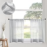 CUTEWIND Grey Linen Blend Textured Sheer Kitchen Tier Curtains 30 Inches Long for Bathroom Rod Pocke